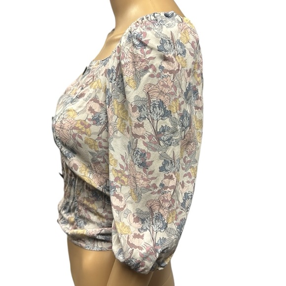 Bohme Floral Faux Button Front Smocked Back Balloon Half Sleeve Top Small - Picture 2 of 8